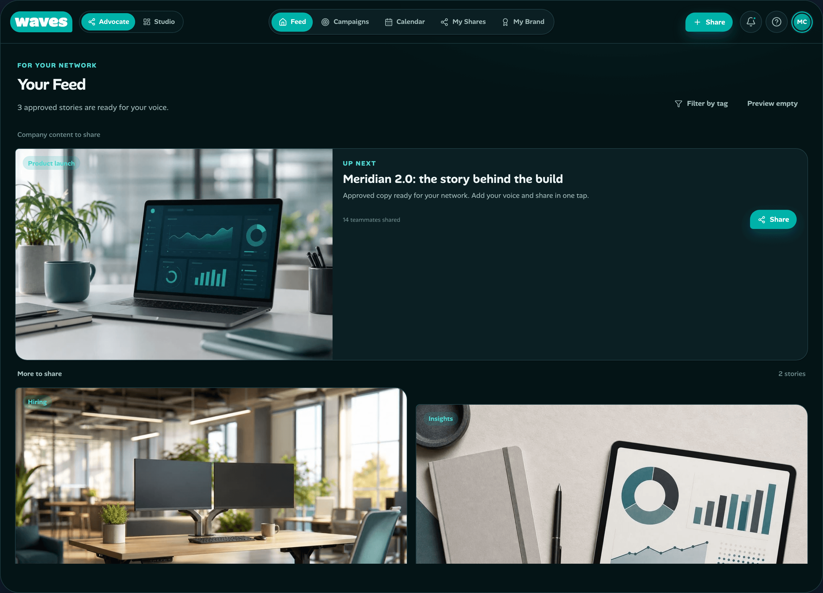 Waves Signal advocate feed with approved LinkedIn posts ready to share