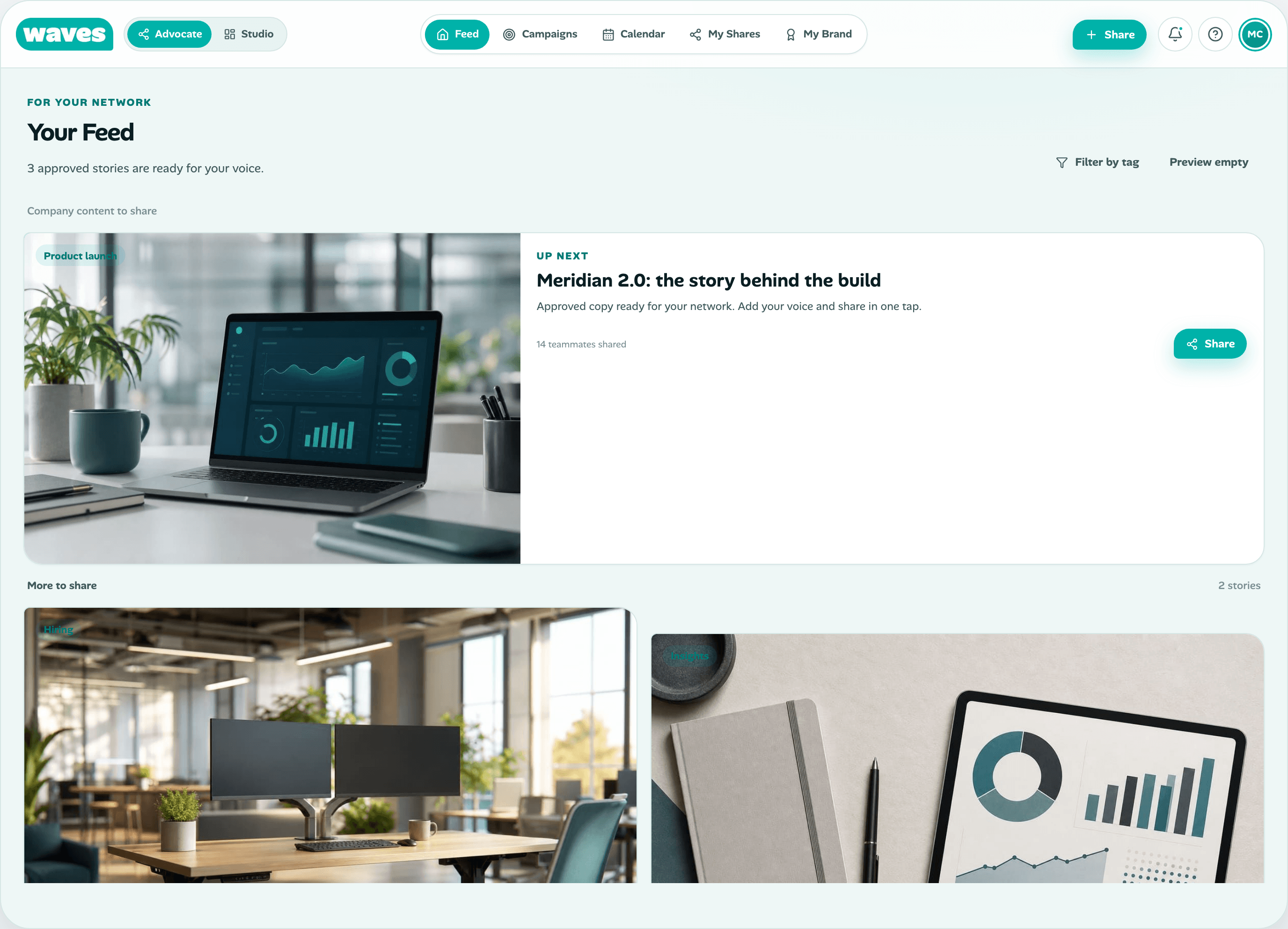 Waves Signal advocate feed with approved LinkedIn posts ready to share