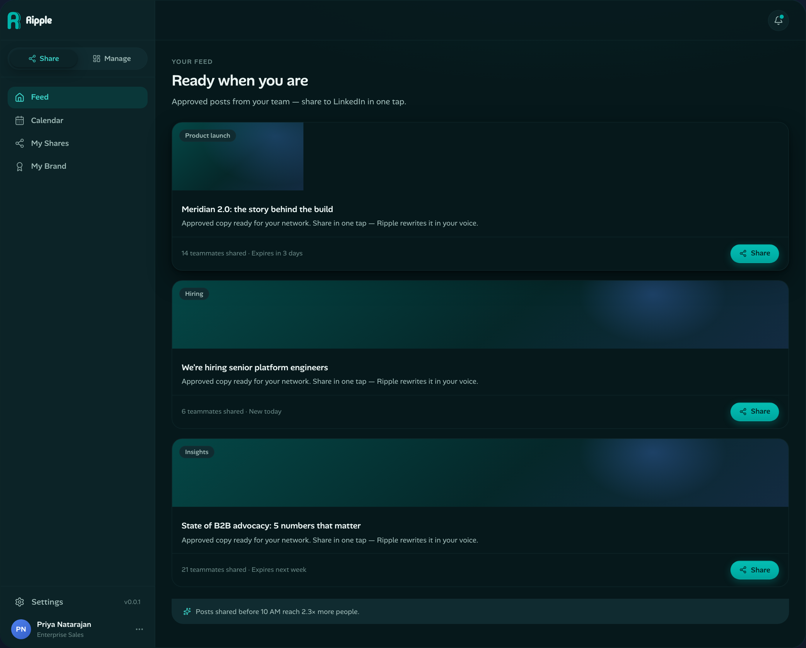 Ripple advocate feed with approved LinkedIn posts ready to share