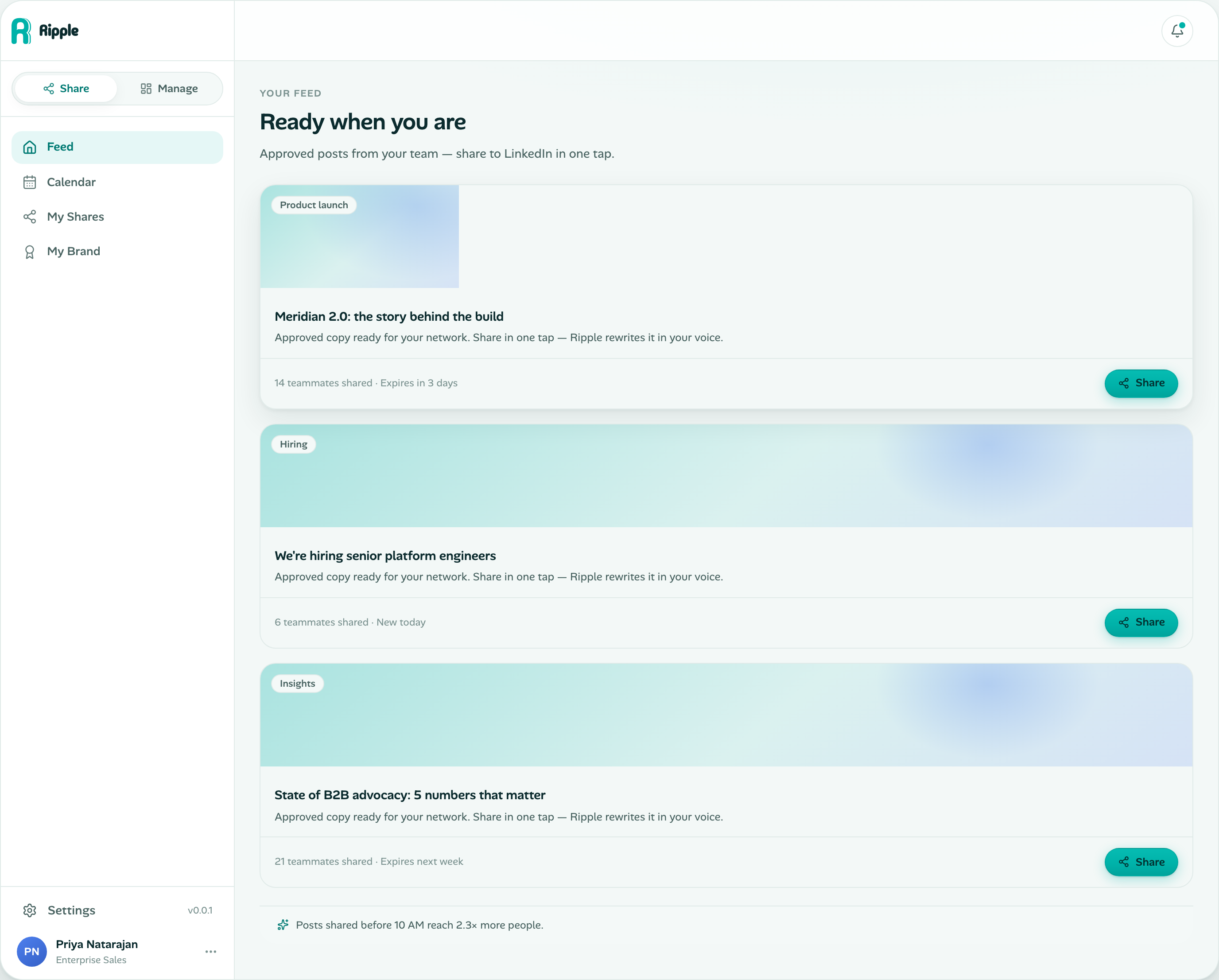 Ripple advocate feed with approved LinkedIn posts ready to share