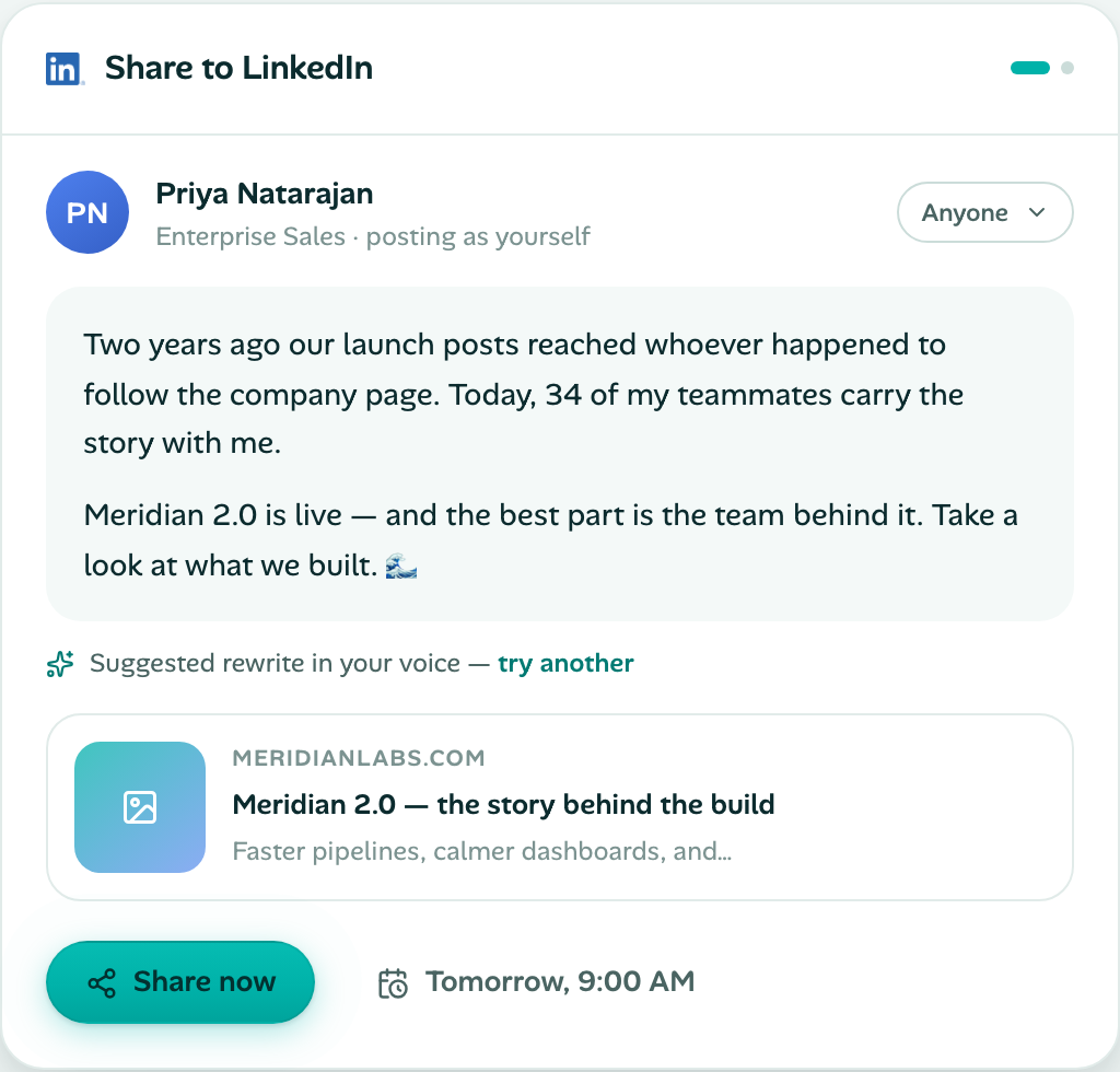 Ripple share to LinkedIn composer with voice rewrite and scheduling